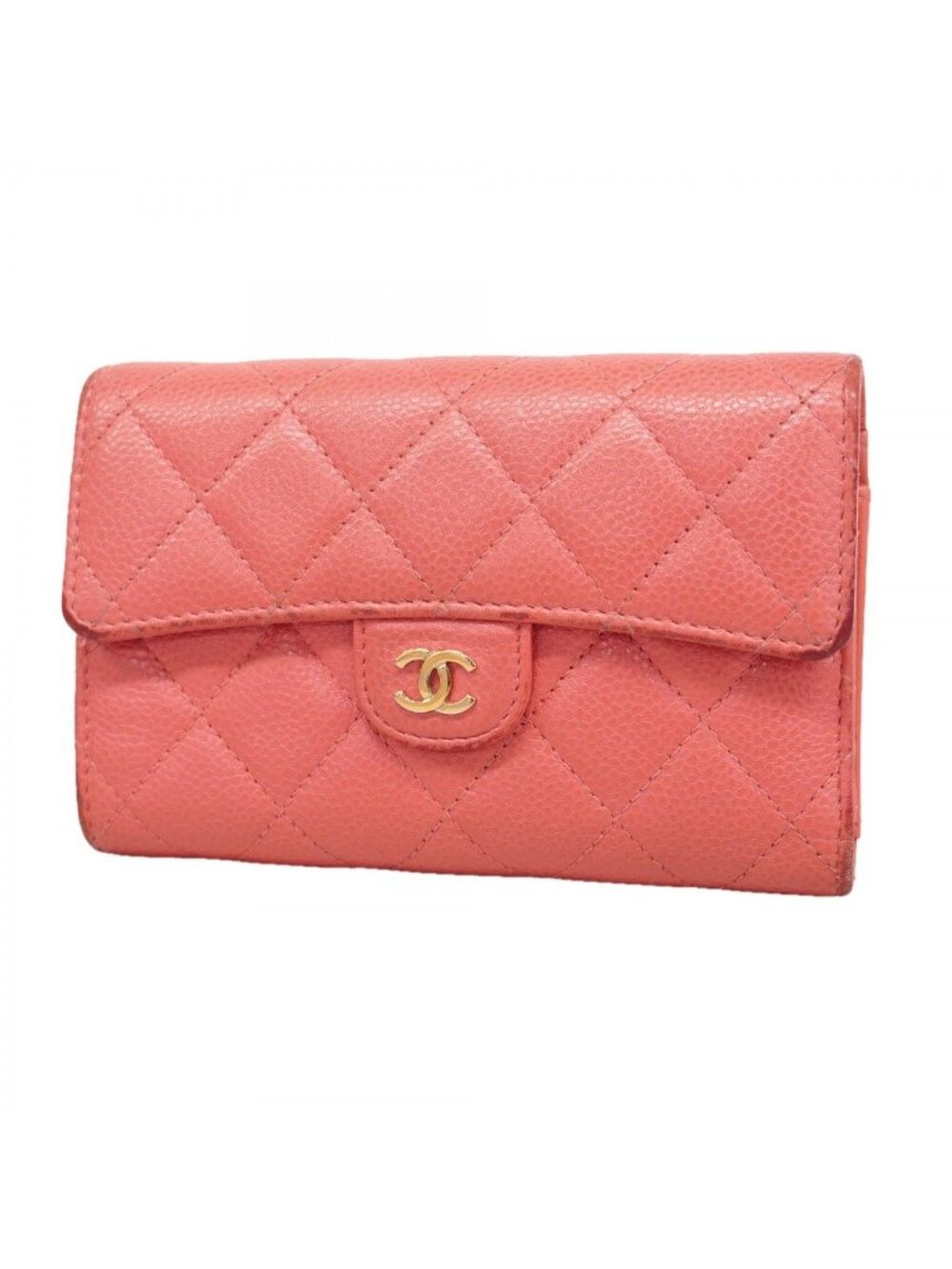 Chanel Trifold Wallet Quilted Caviar Leather Pink Gold